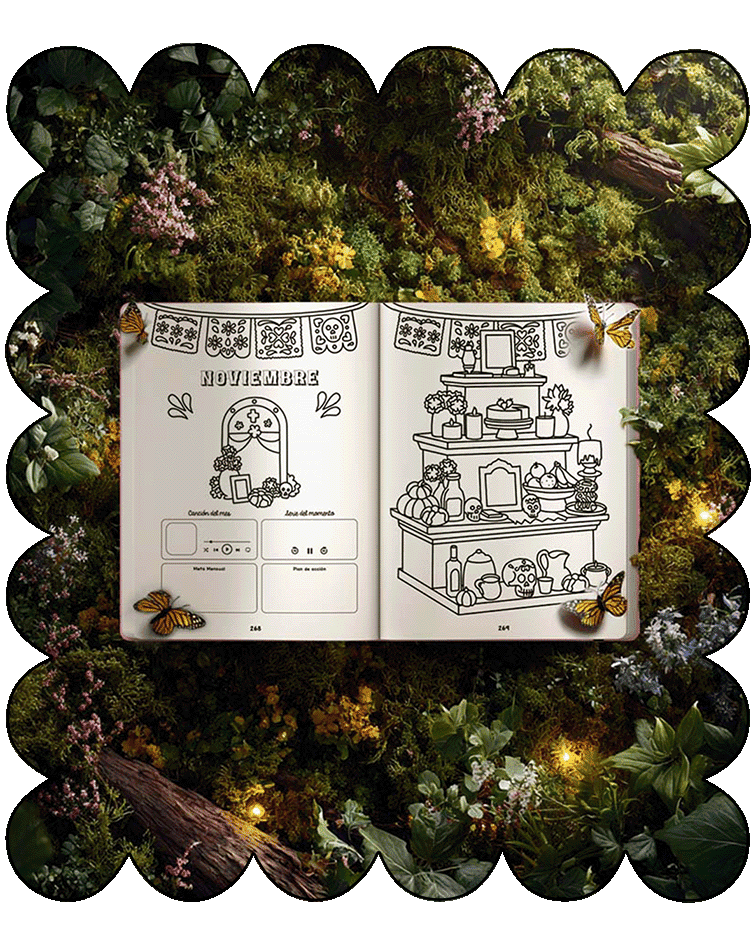 Agenda 2026 Premium para colorear con accesorios Hola Aurelia interiores, portada de noviembre
