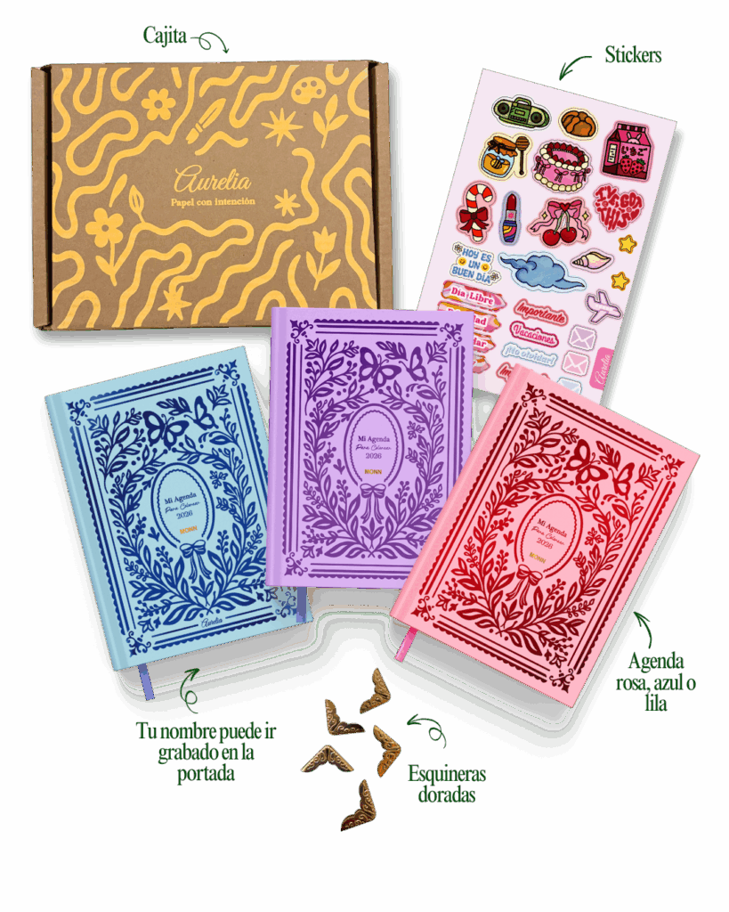 Kit Estándar Agenda 2026 Para colorear personalizada, agenda lila, azul y rosa con, esquineras, stickers